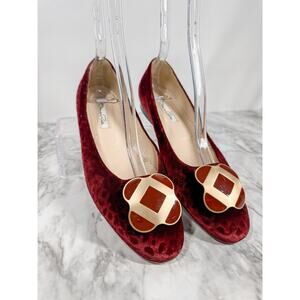 Oscar de la Renta Bordeaux Velvet Flat Ballet Shoes 38.5 US 8 Burgundy Gold